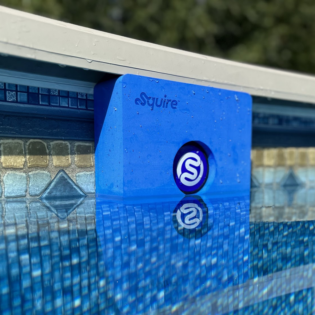 Squire target held in place by the top rail of above-ground pool with disc in the goalie hole