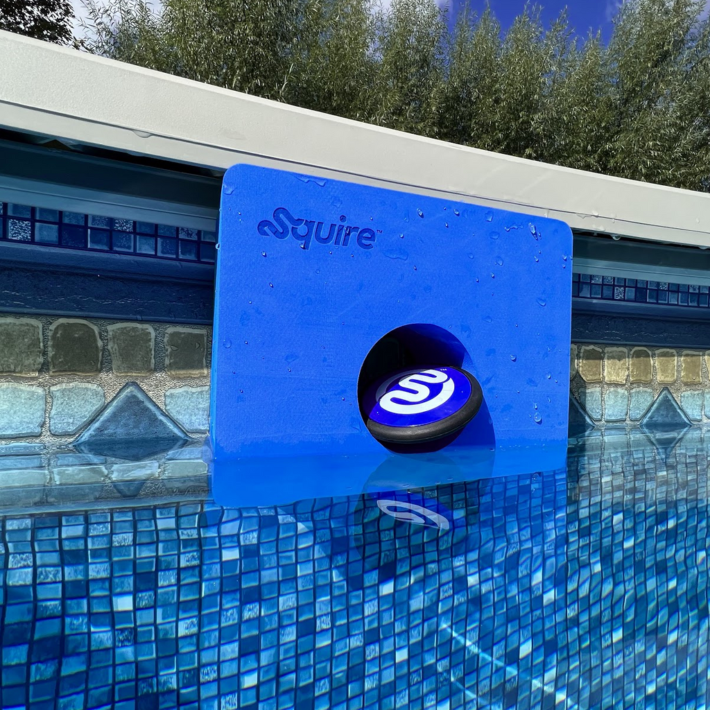 Squire target held in place by the top rail of above-ground pool with disc inside the target