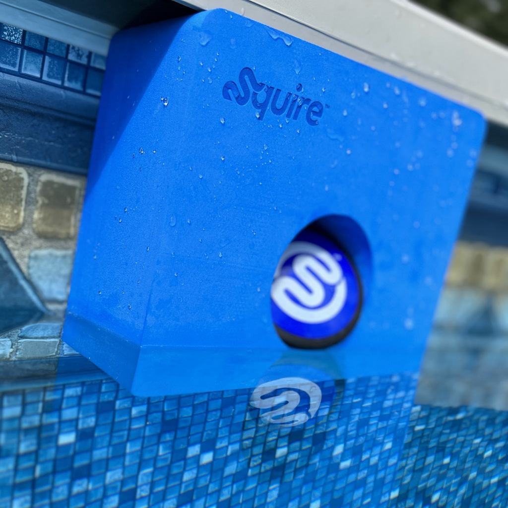 Squire target tucked under the top rail of above-ground pool with disc inside the target center